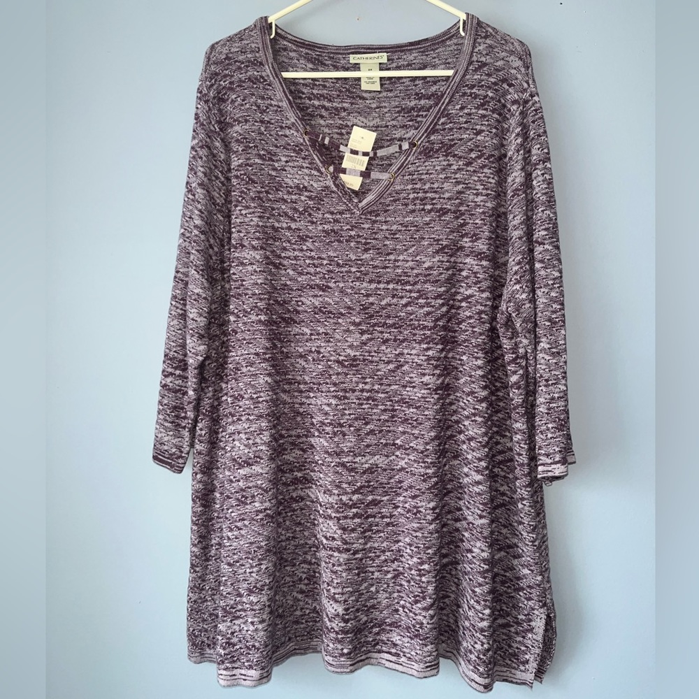 Catherines sweater knit tunic top v neck space dye in plum heather purple 2x